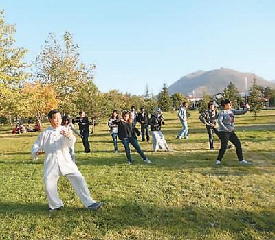 中國(guó)僑網(wǎng)劉召明在教學(xué)生打太極拳