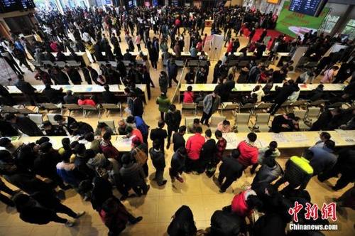中國僑網(wǎng)資料圖:人力資源市場內(nèi)人頭攢動。中新社記者 劉冉陽 攝
