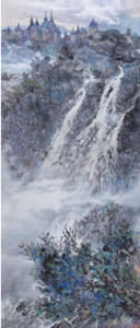 中國僑網夏瀑晨曲(238cm*90cm 紙本設色)-蕭瀚(德國)-1998