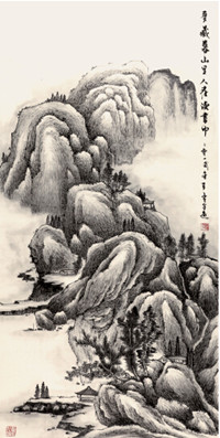 中國(guó)僑網(wǎng)深山讀書圖(138cm*69cm 紙本水墨)-岑全遠(yuǎn)(美國(guó))-2012