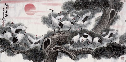 中國(guó)僑網(wǎng)旭日東升(137cm*68cm 紙本設(shè)色)-鄧文新(埃及)-2014