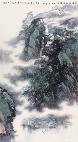 中國僑網(wǎng)江畔帆影過,清泉小村幽(180cm*97cm 紙本設(shè)色)-王子江(日本)-2014