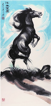中國(guó)僑網(wǎng)汗血寶馬(140cm*70cm 紙本水墨)-姚迪雄(澳大利亞)-2014