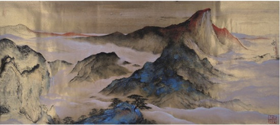 中國僑網(wǎng)青山依舊在,幾度夕陽紅(77cm*167cm 紙本重彩)-姚逸之(比利時)-2012