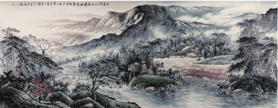 中國僑網(wǎng)水色清心山居圖(70cm*178.5cm 紙本水墨)-張京成(美國)-2014
