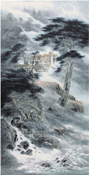 中國僑網(wǎng)松林小屋(138cm*70cm紙本設色)-周平?(美國)-2014