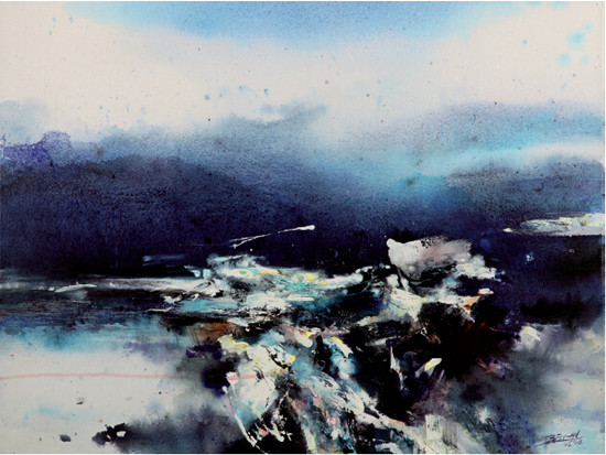 中國僑網(wǎng)山川抽象之藍(lán)色旋律之二(87cm*70cm 布面丙烯)-曹培安(比利時)-2009