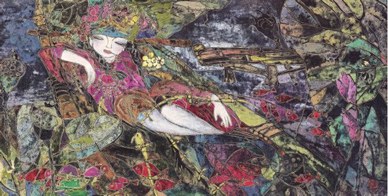 中國(guó)僑網(wǎng)荷塘月色(51cm*101cm 高麗紙重彩)-李霞(瑞士)-2011