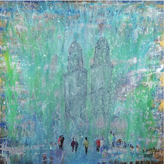 中國(guó)僑網(wǎng)雨中的蘇黎世(100cm*100cm 布面油彩)-馬大衛(wèi)(瑞士)-2014