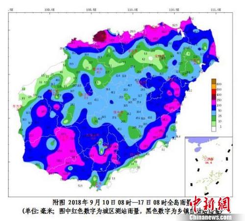 中國僑網(wǎng)圖為9月10日08時—17日08時海南島雨量。海南省氣象臺 供圖