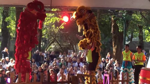 中國僑網(wǎng)藝術(shù)團(tuán)龍獅隊(duì)表演傳統(tǒng)舞龍舞獅歡迎中國運(yùn)動健兒