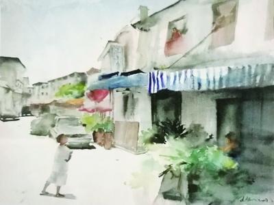 中國(guó)僑網(wǎng)王釗水彩作品《石頭城的孩子》