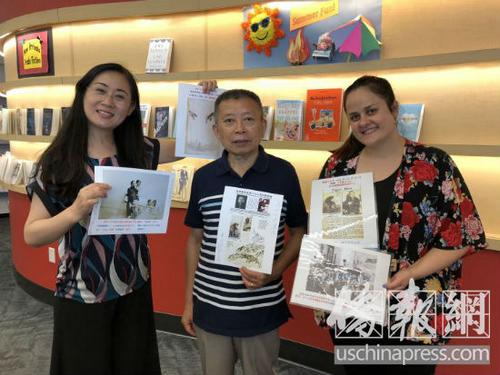 中國僑網(wǎng)話劇《飛虎戀》導(dǎo)演張西(左)獲得晏良為(中)贈(zèng)送的珍貴歷史資料。(美國《僑報(bào)》/王伊琳 攝)