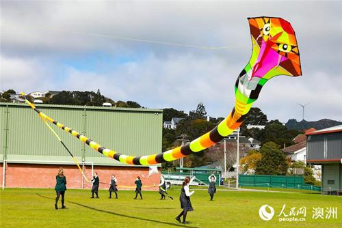 中國(guó)僑網(wǎng)惠靈頓塞繆爾·馬斯頓學(xué)校孔子課堂女生在郭洪利指導(dǎo)下嘗試放飛風(fēng)箏 (攝影 張健勇)