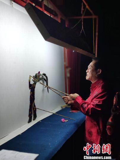 中國僑網(wǎng)秦禮剛演繹皮影戲 張哲 攝